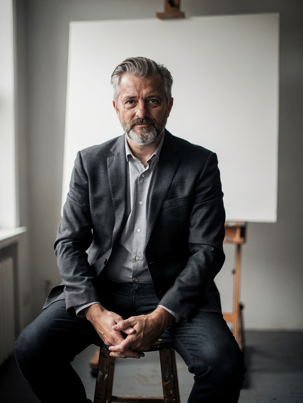 Portrait of Visio, creator and visual storyteller, photographed in stark minimalist lighting