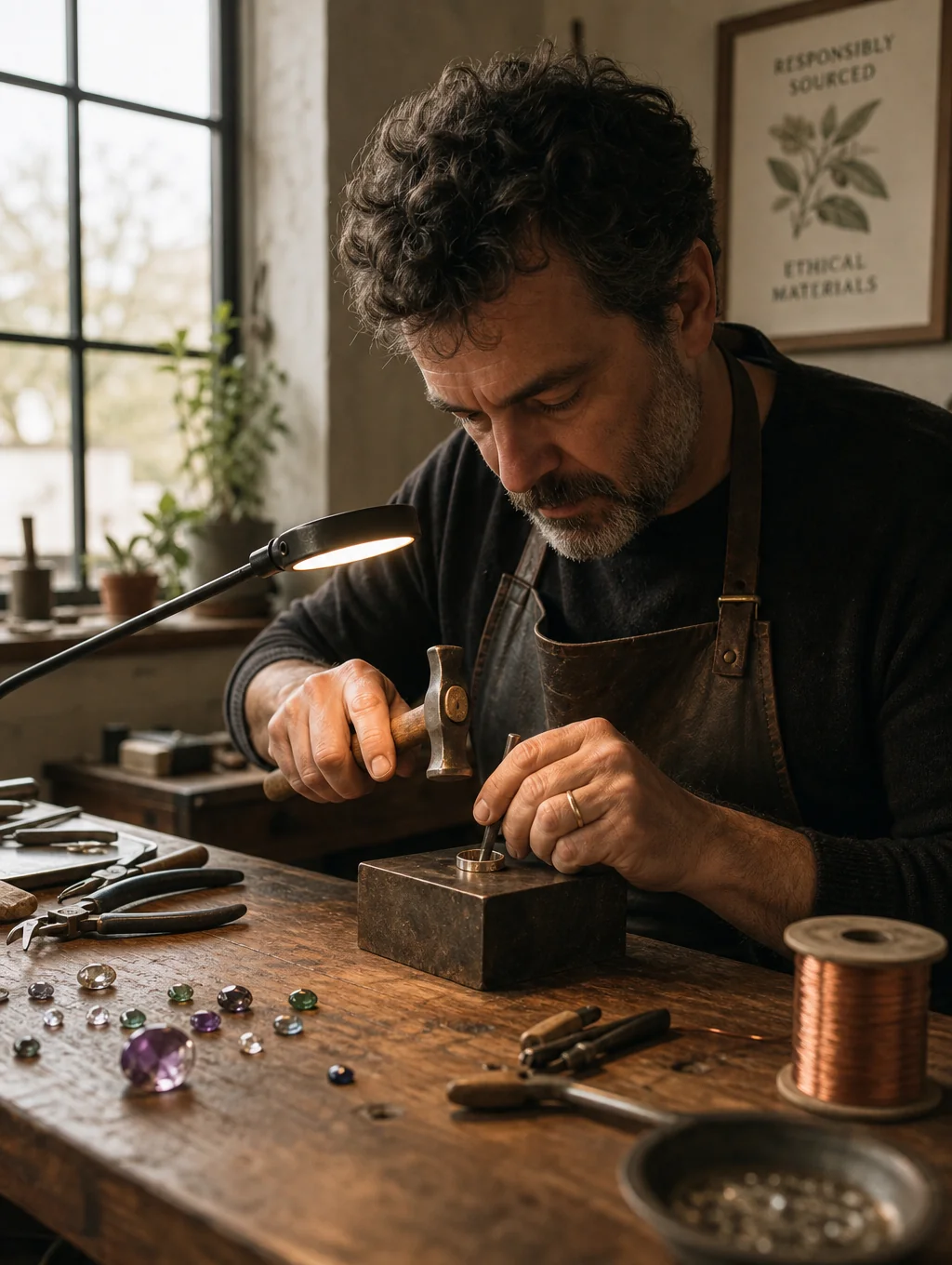 Designer wearing optivisors working on jewelry at the workbench