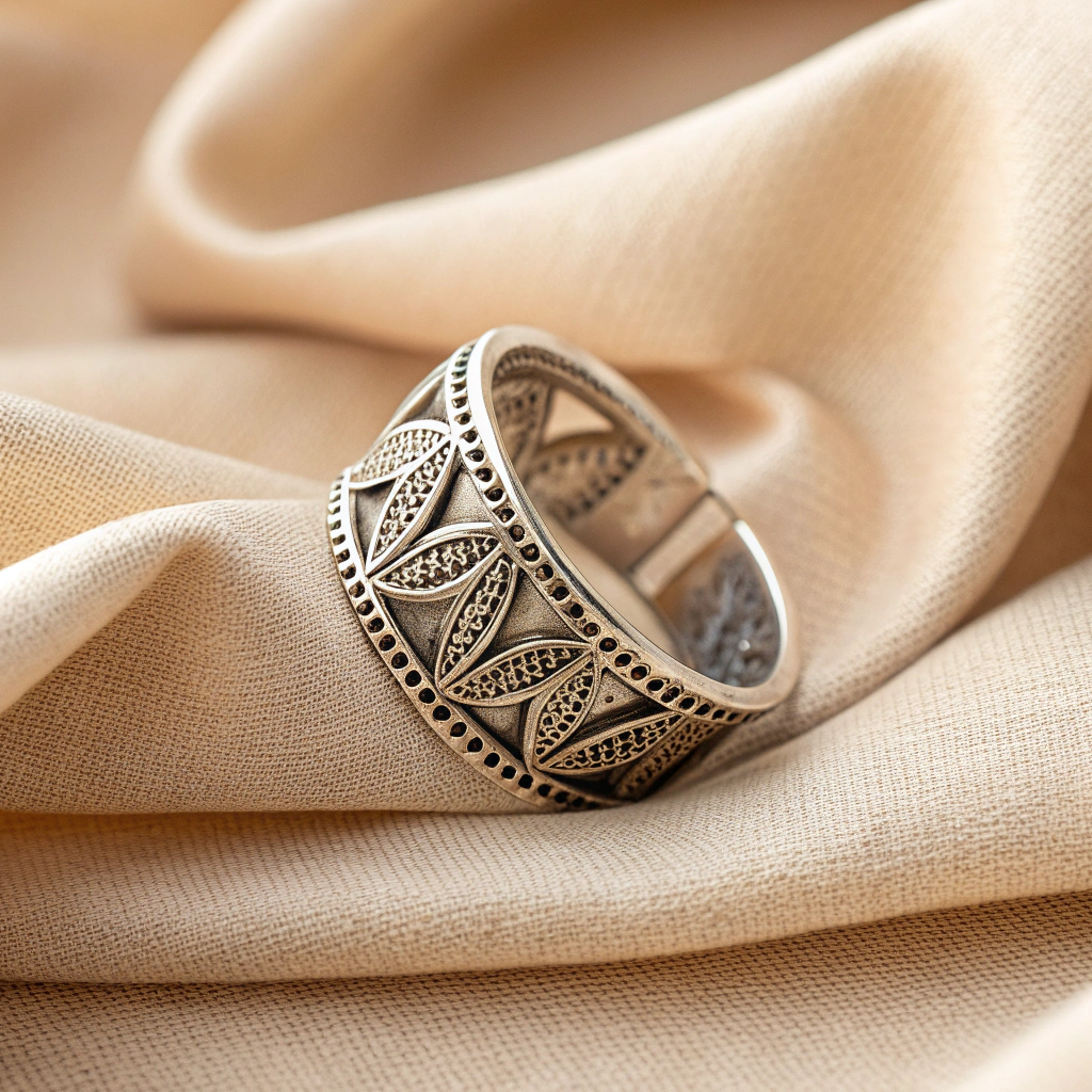 Close-up of handmade silver ring texture