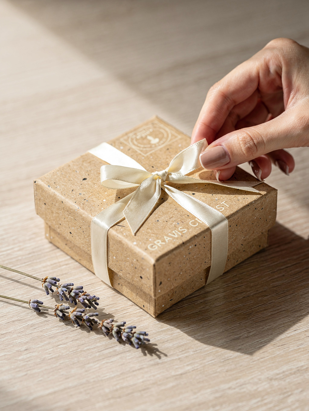 Handgemaakte NUAR geschenkdoos met zijden lint en zorgkaart
