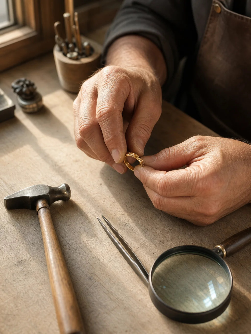 Jeweler hands shaping a gold ring at a wooden workbench with tools